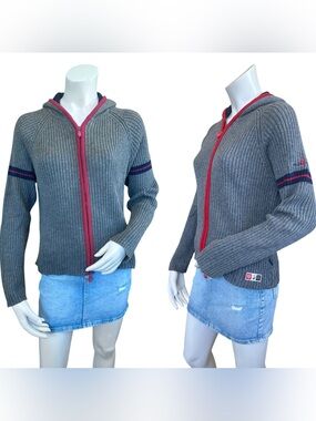 Vintage MUDD Y2K Chunky Knit Grunge Dark Gray Zip Up Hooded Sweater Size Large